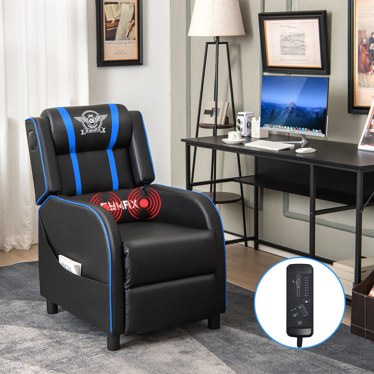 PU Leather Massage Gaming Recliner Chair with Side Pockets