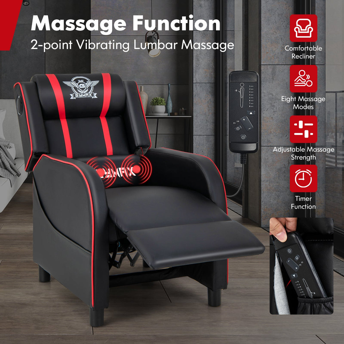 PU Leather Massage Gaming Recliner Chair with Side Pockets