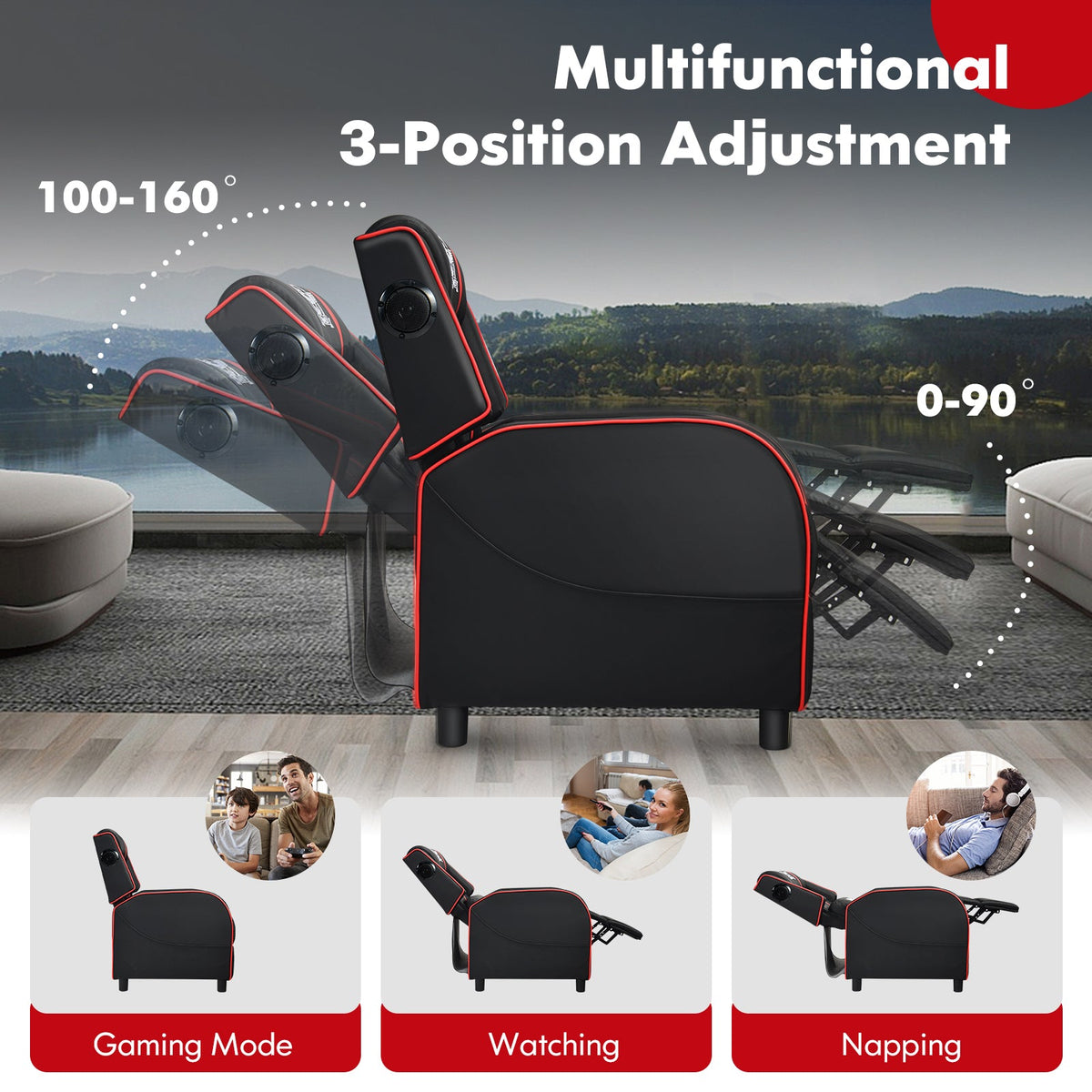 PU Leather Massage Gaming Recliner Chair with Side Pockets