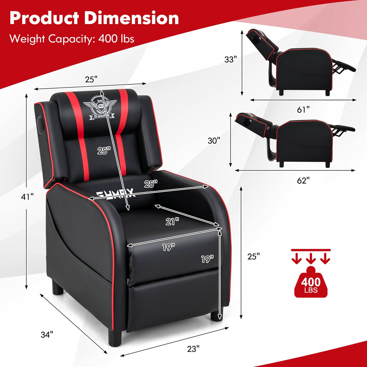 PU Leather Massage Gaming Recliner Chair with Side Pockets